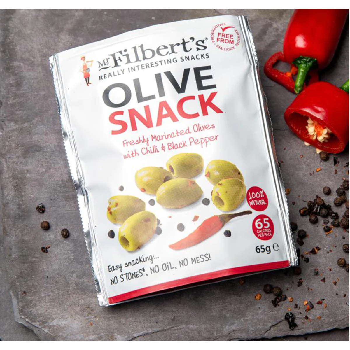 Mr Filbert's Green Olives with Chilli & Black Pepper 50g-Olives-Turton Wines