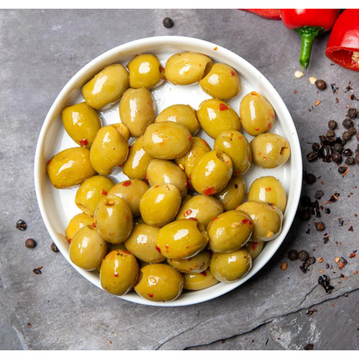 Mr Filbert's Green Olives with Chilli & Black Pepper 50g-Olives-Turton Wines