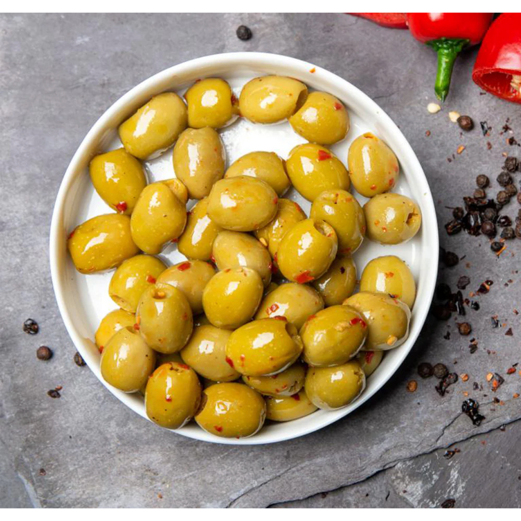 Mr Filbert's Green Olives with Chilli & Black Pepper 50g-Olives-Turton Wines