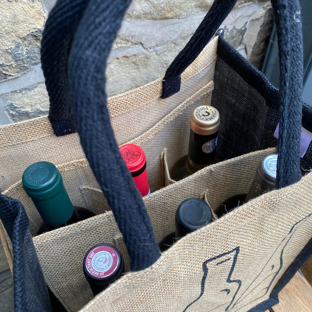 6 Bottle printed Jute Carrier with Dividers Natural-Gift Bags-Turton Wines